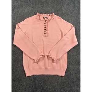 BTFBM Pink Ruffle Henley Knit Sweater Tortoise Button Womens Medium Preppy